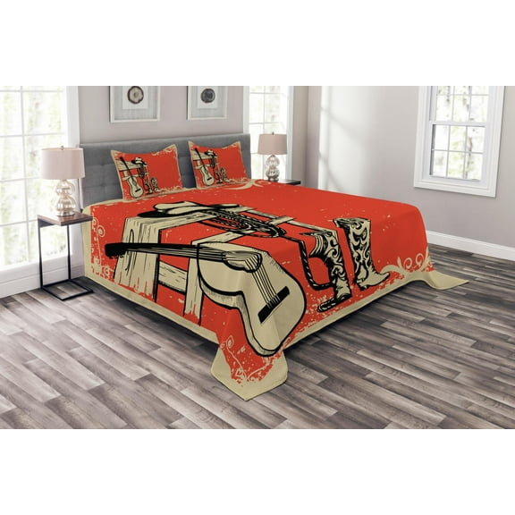 Ambesonne America Quilted Bedspread Set 3 Pcs, Country Music Wild West, Queen Size, Beige Orange
