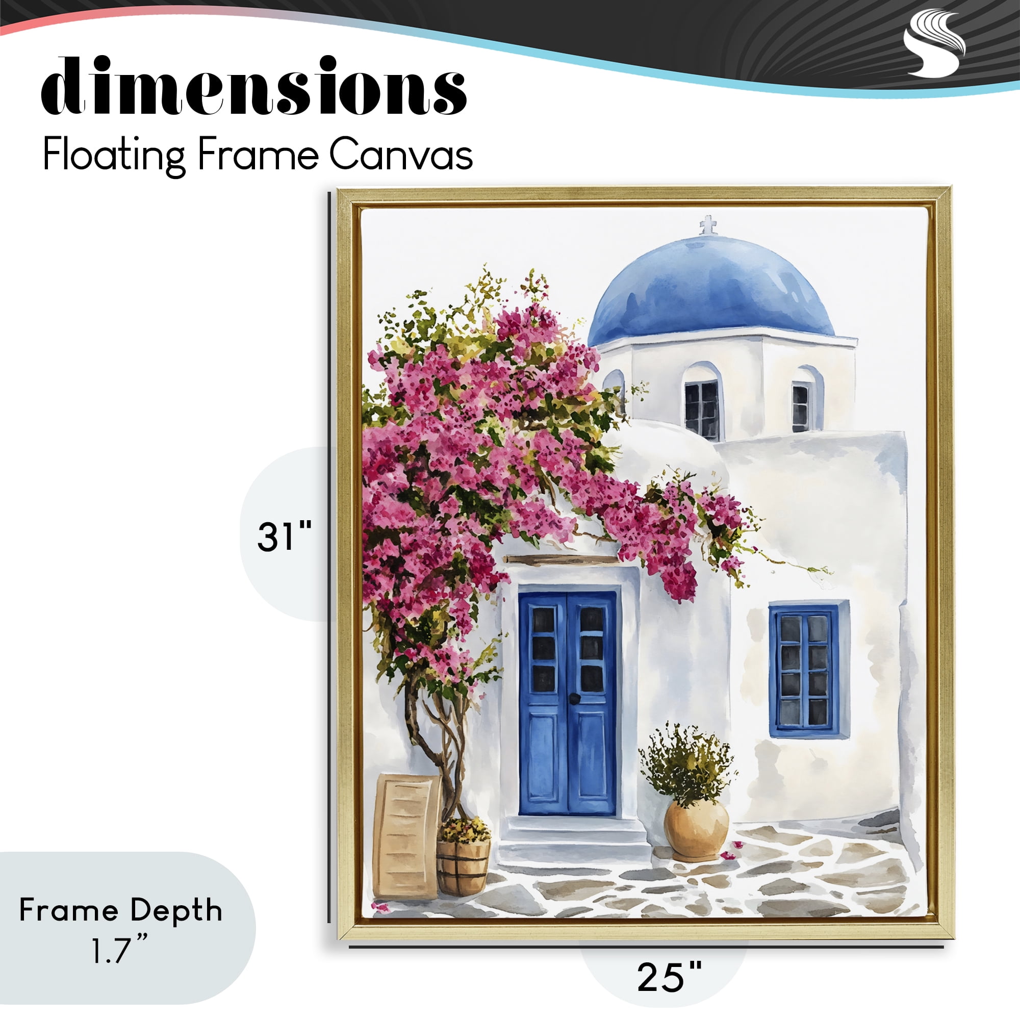 Stupell Industries Santorini House with Bougainvillea Gold Framed Floater Canvas Wall Art, design by LSR Design Studio