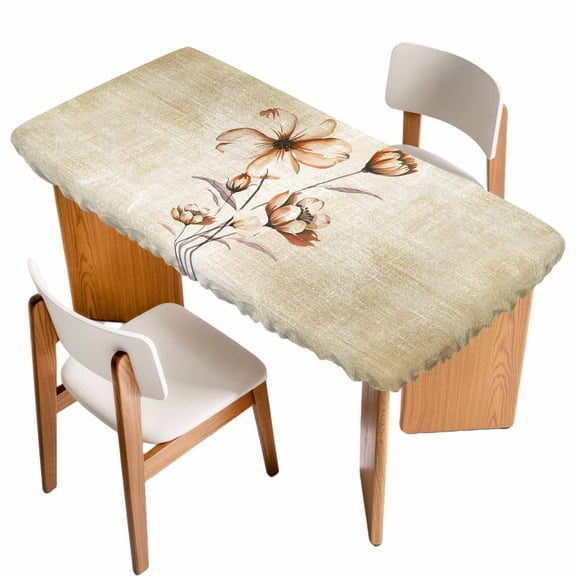 Brown Ombre Daisy Table Cloths for 4 Foot Rectangle Tables, Farmhouse Vintage Floral Botanical Patio Waterproof Elastic Fitted Tablecloths, Washable Rectangular Table Cover for Camping