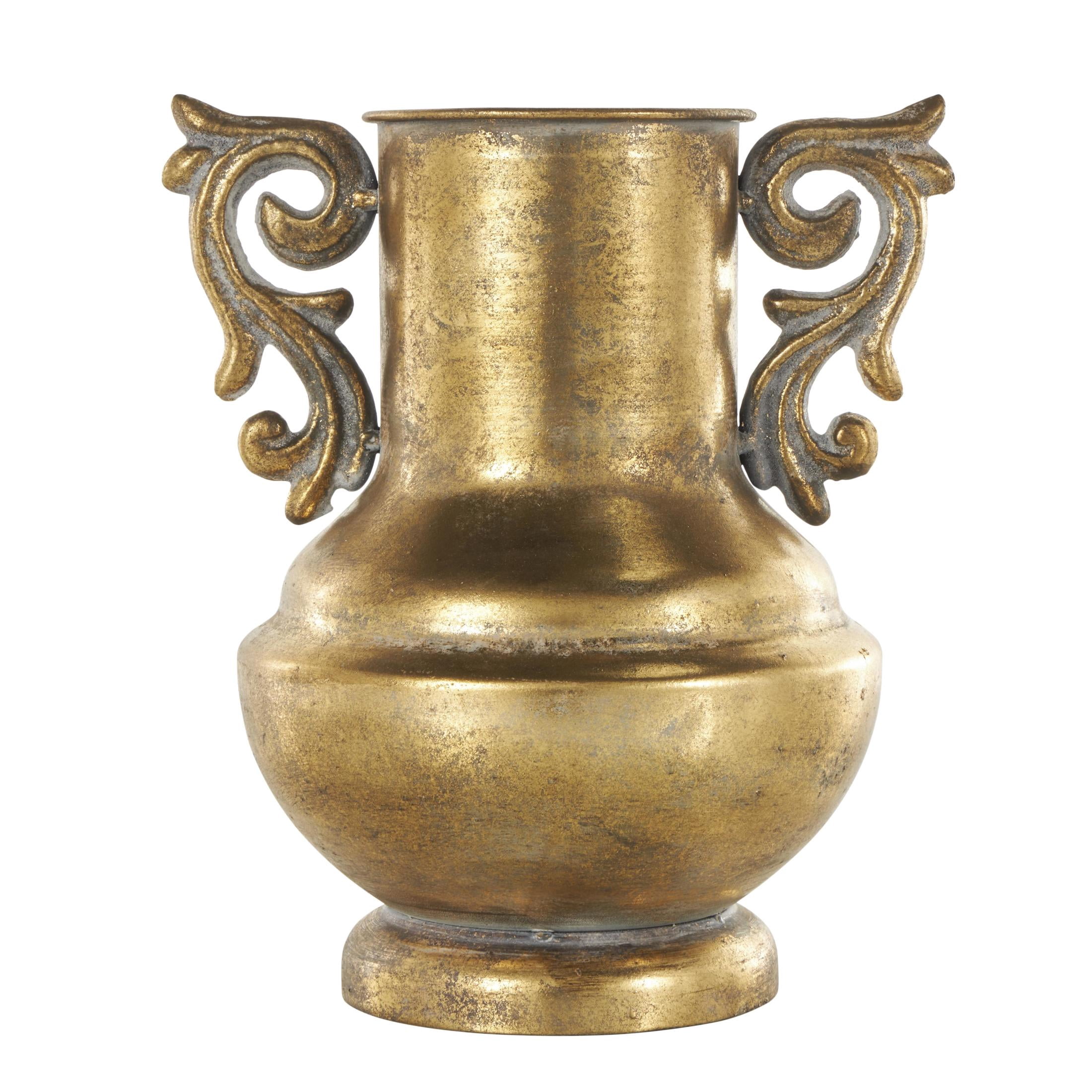 DecMode 10" Scroll Weathered Vintage Amphora Gold Metal Vase with Handles