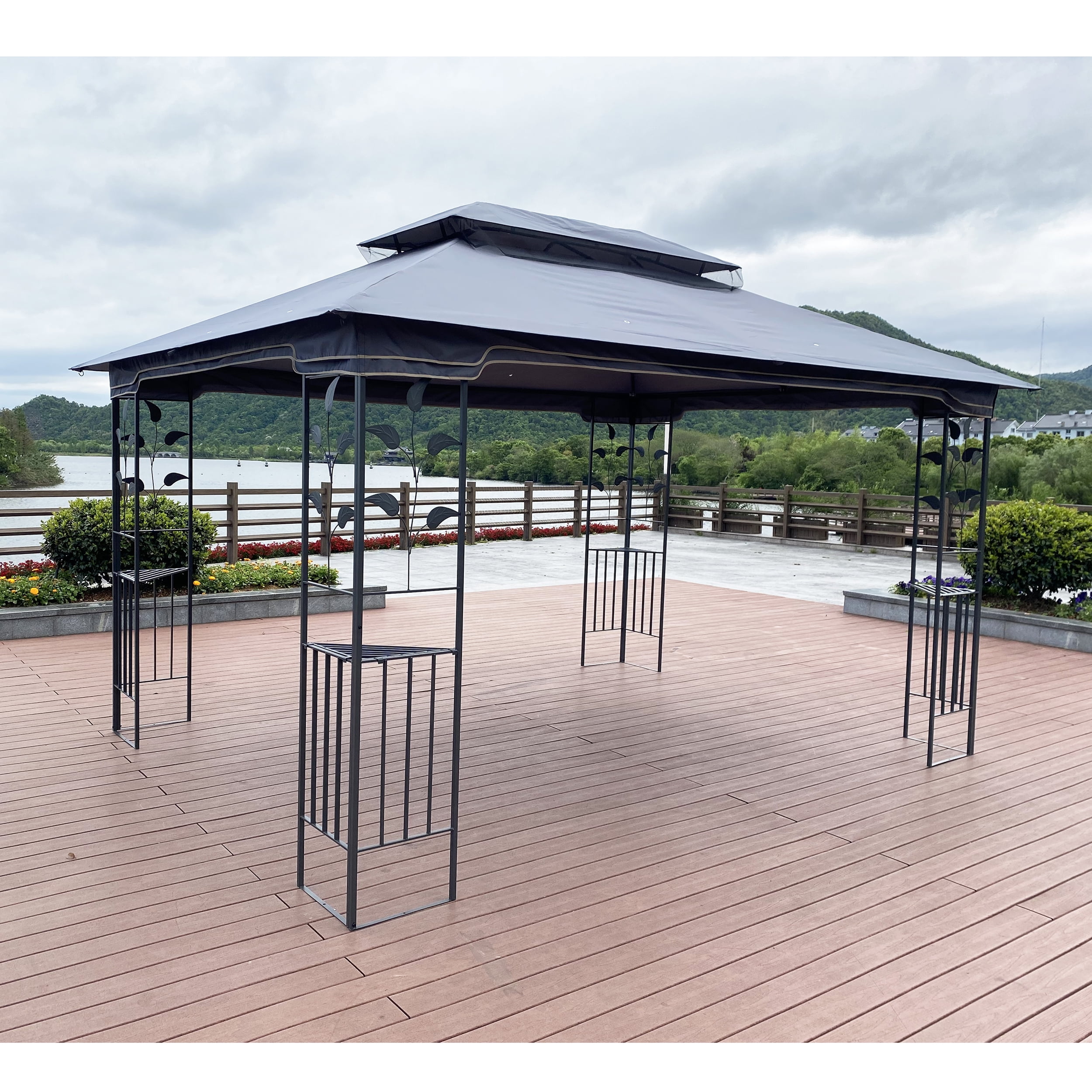 Royard Oaktree Patio Gazebo 13x10 Ft Outdoor Canopy Gazebo with Mosquito Netting and Corner Shelf Ventilation Double Roof Party Tent for Lawn Backyard Garden Deck,Gray