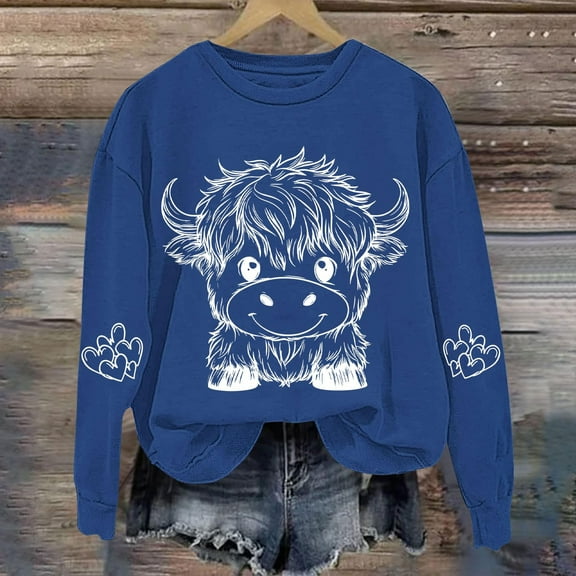 Royisotas Plus Size Sweatshirts for Women Winter Animal Graphic Long Sleeve Pullover Vintage Blue Casual Loose Fit Crew Neck Hoodless Tops