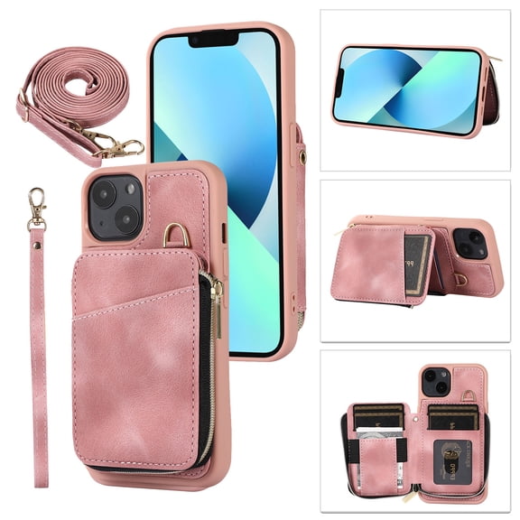Crossbody Wallet Case for iPhone 14 Plus, Zipper Pocket Case with Card Holder, PU Leather Protective Cover Case with Kickstand Detachable Wrist Strap Lanyard for 6.7", Pink