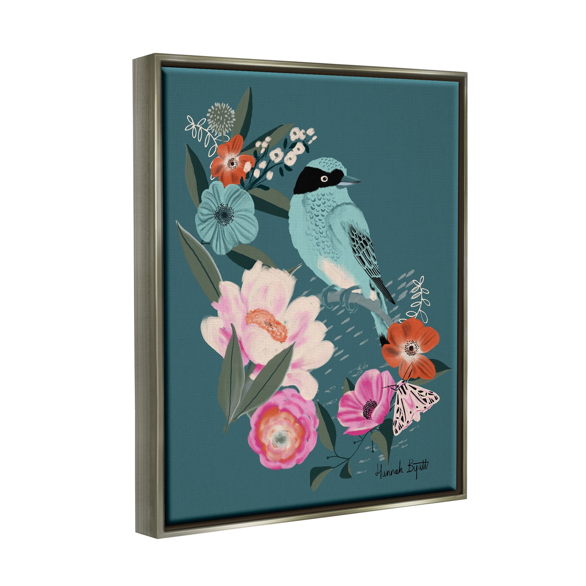 Stupell Industries Blue Bird & Flowers Animals & Insects Painting Gray Floater Framed Art Print Wall Art, 17 x 21