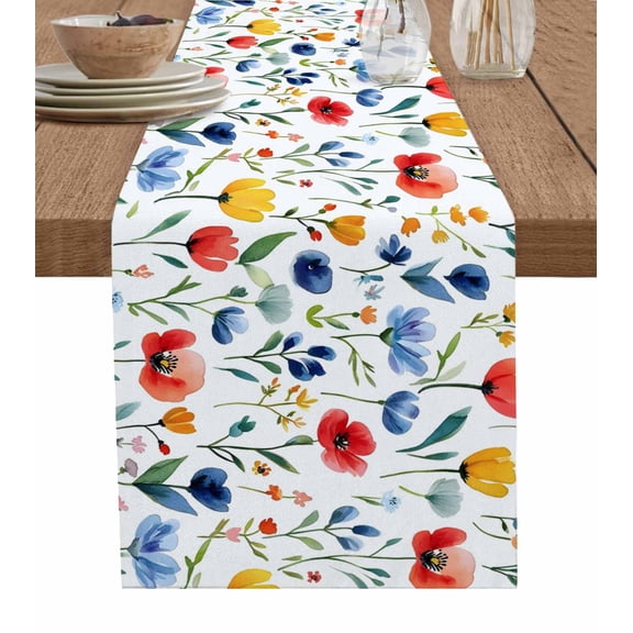 Colorful Poppies Table Runner 72 Inches, Orange Blue Flowers Leaves Bed Runner Dresser Scarves Tabletop for Indoor Outdoor Parties/Ceremony/Banquet, 13" x 72"