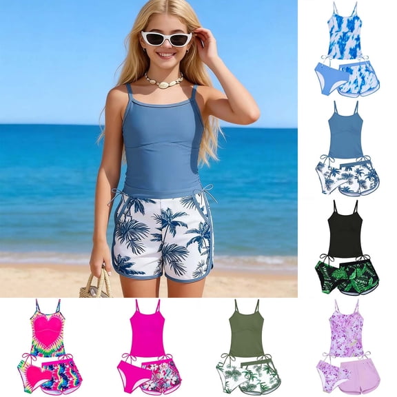 ibiyuan Swimsuit for Girls Tankini Swimsuit 3 Piece Bathing Suit Set Cute Bikini Swimwear with Shorts Summer UPF 50 Racerback Kid Beach Swim Suit