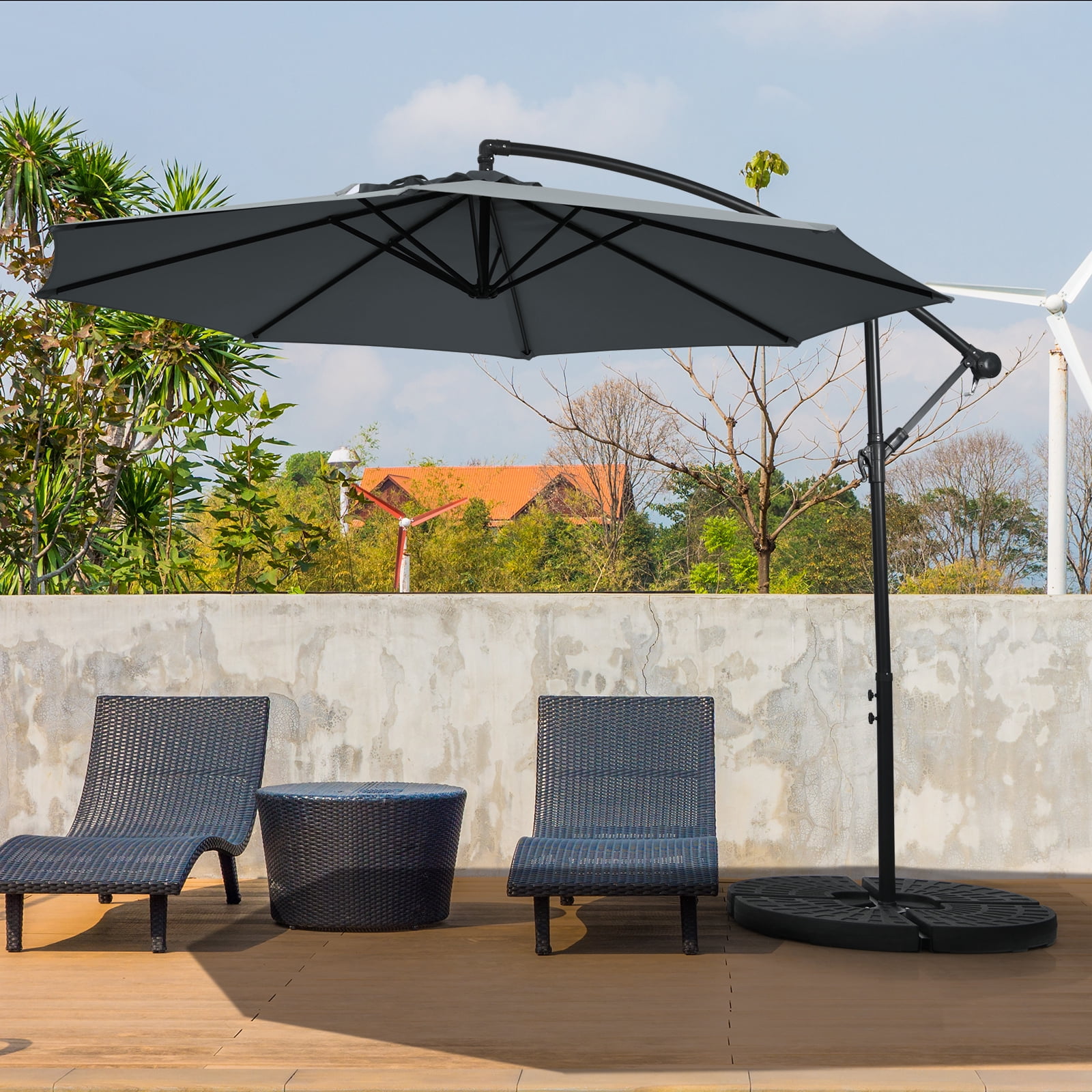 Patiojoy 10FT Patio Offset Umbrella 8 Ribs Cantilever Umbrella w/Crank for Poolside Yard Lawn Garden Gray