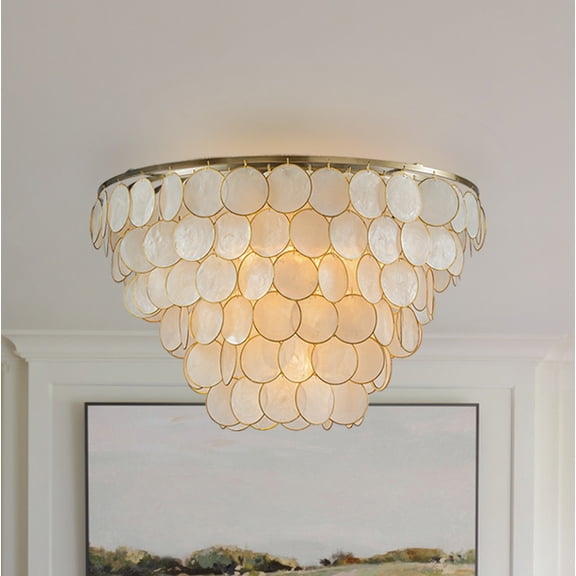 W24 in 5 Lights Coastal Capiz Shell Close to Ceiling Light Farmhouse Tiered Seashells Flush Mount Ceiling Light in Aged Bronze with Natural White Shells for Dining Room Living Room