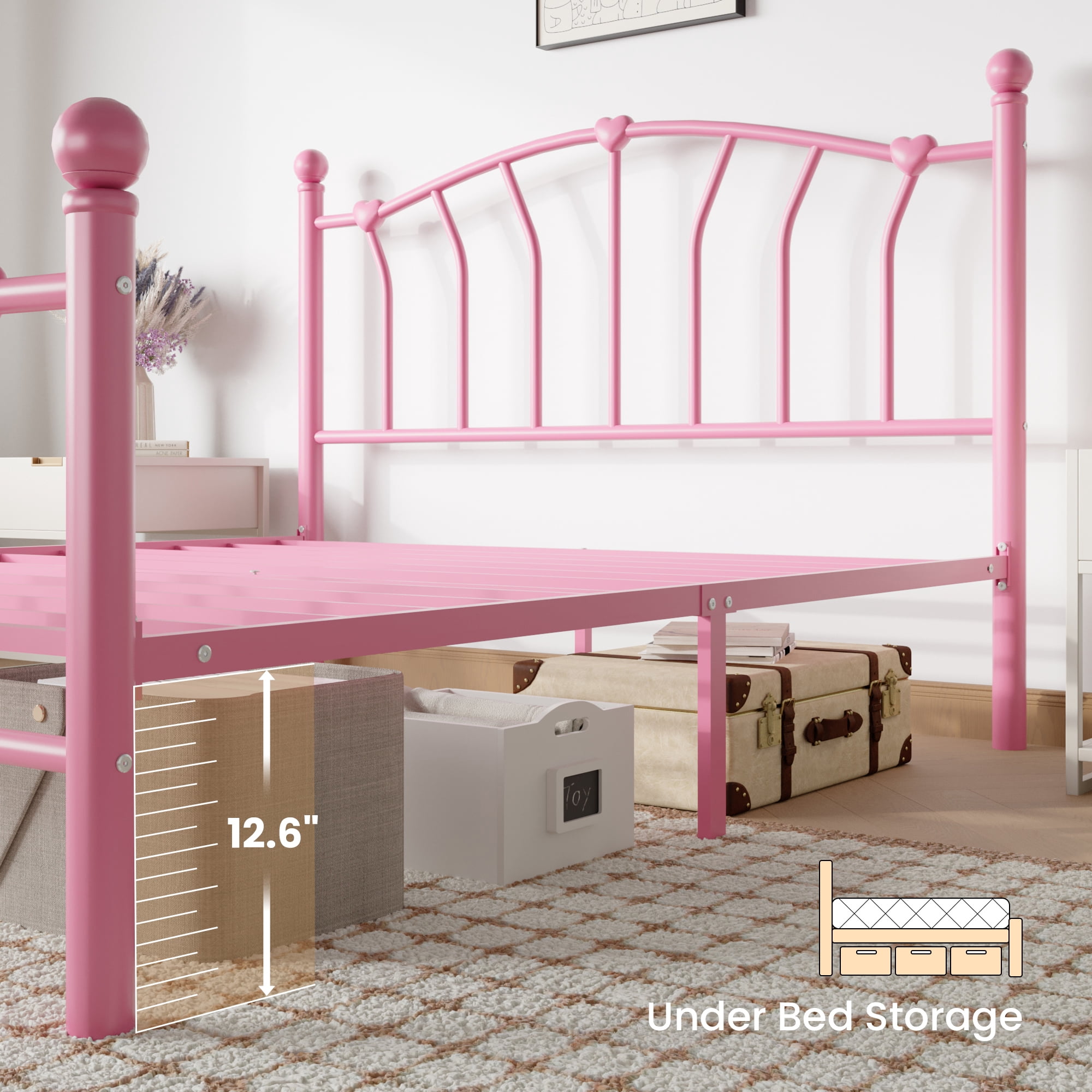 SHA CERLIN 14 Inch Queen Size Metal Platform Bed Frame with Heart Shaped Iron-Art Headboard/Footboard, Under Bed Storage, Noise Free Mattress Foundation, Easy Assembly, Pink