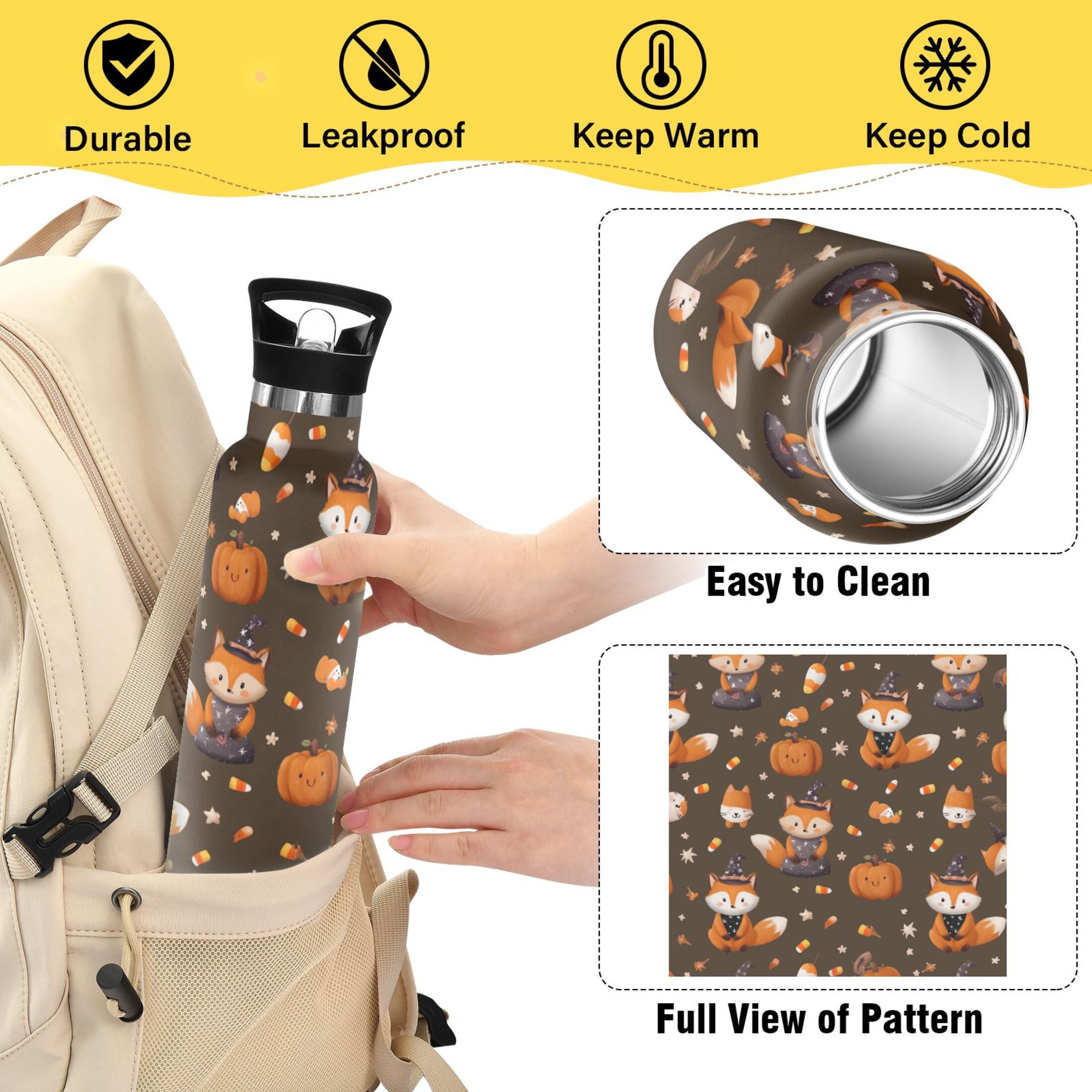 Kids Insulated Stainless Steel Sports Water Bottle 600ml (20oz) Cute Foxes in Cute Costumes