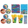 Toy Story Birthday Party Supplies Bundle includes 16 Dessert Cake Plates, 16 Napkins, 16 Paper Cups, 1 Plastic Table Cover, 1 Dinosaur Sticker Sheet