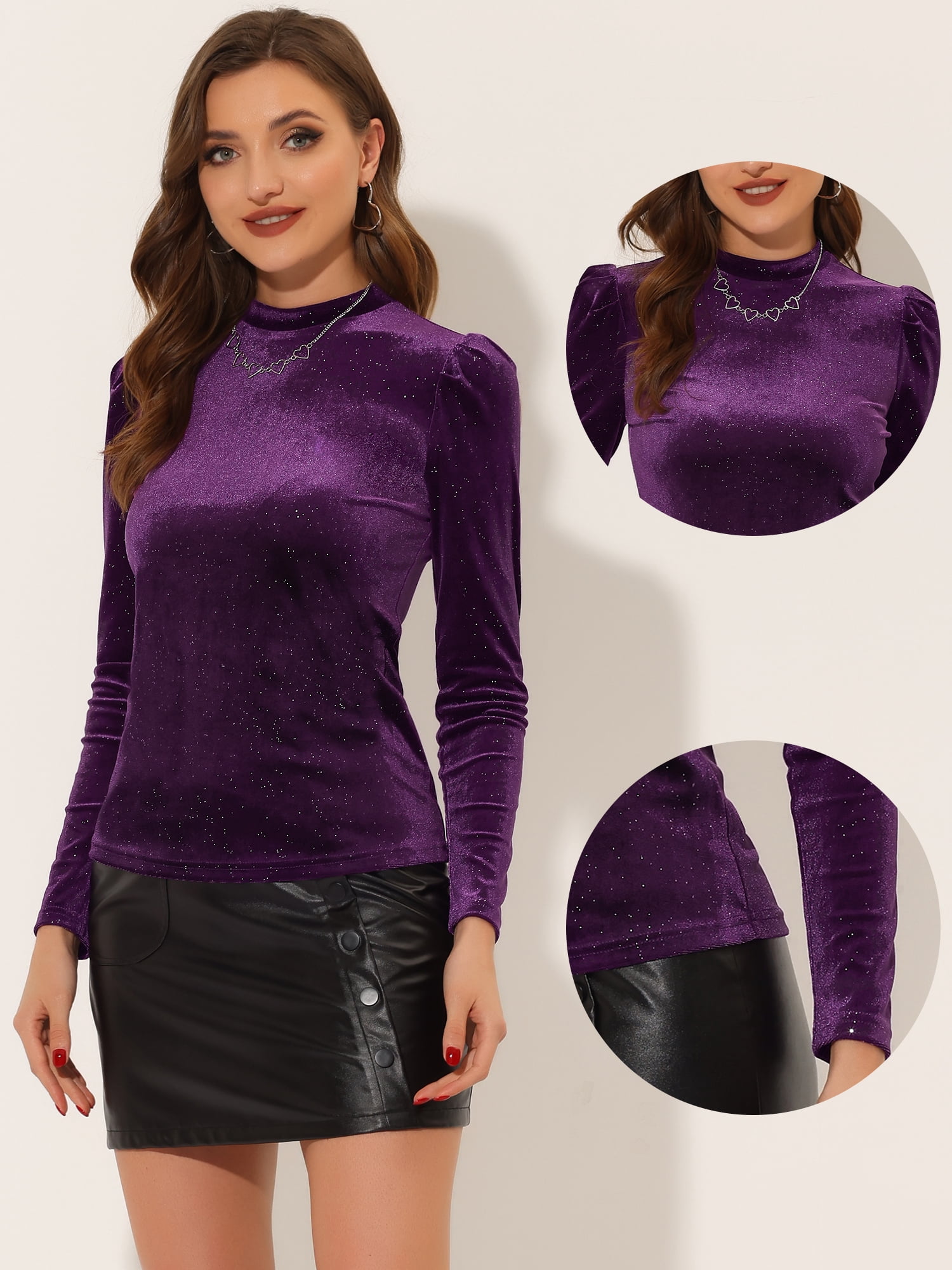 DARING DIVA Metallic Glitter Velvet Mock Neck Puff Blouse XS Dark Purple