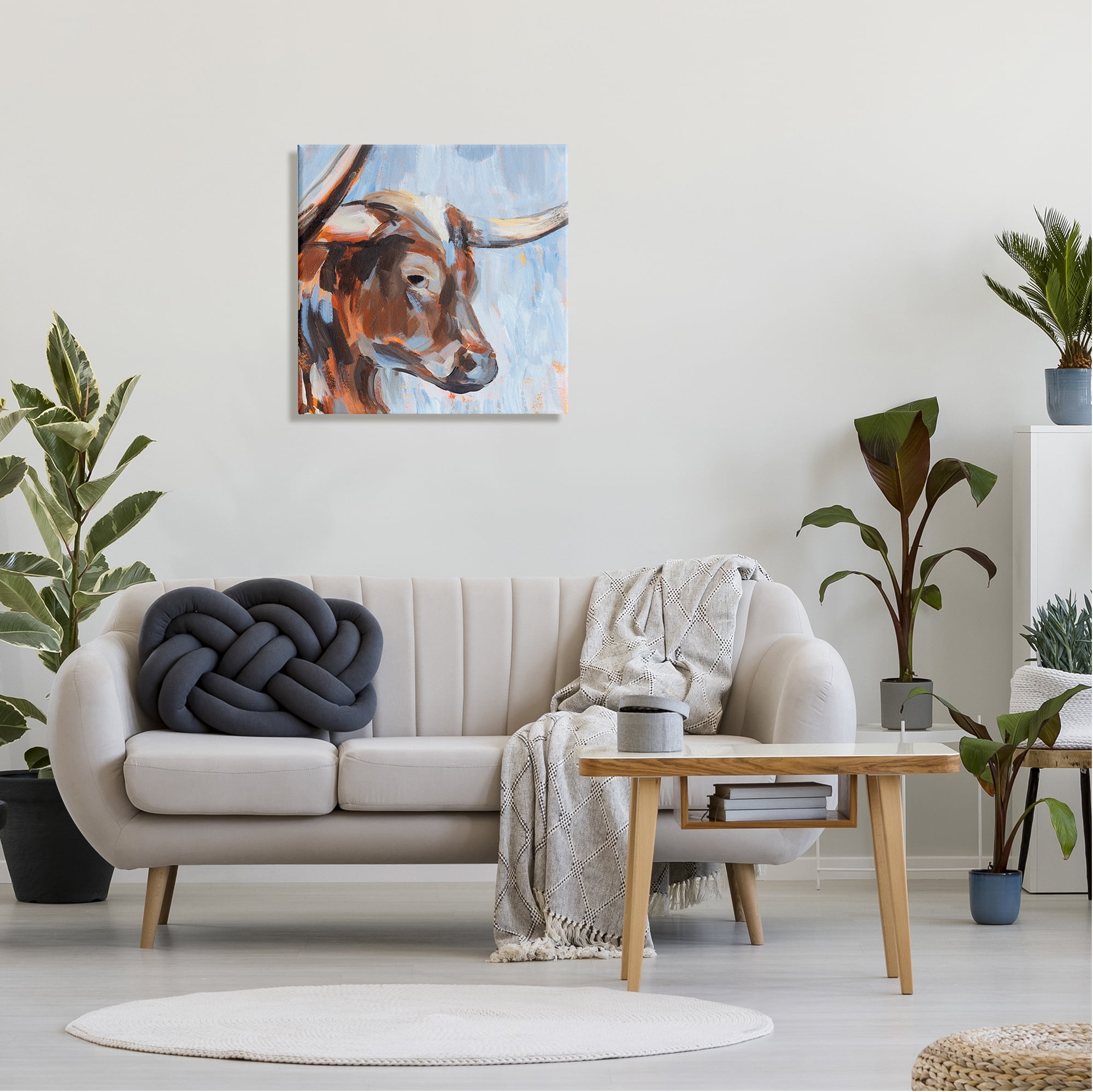 Stupell Industries Blue Longhorn Cattle Portrait Animals & Insects Painting Gallery Wrapped Canvas Print Wall Art, 24 x 24