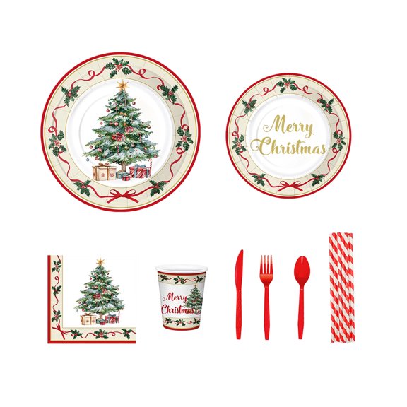 JIhuahe Christmas Tree Theme Party Supplies Set with Paper Plates, Cups, and Napkins,for Festive Gatherings, disposable Dinnerware for Christmas Celebrations