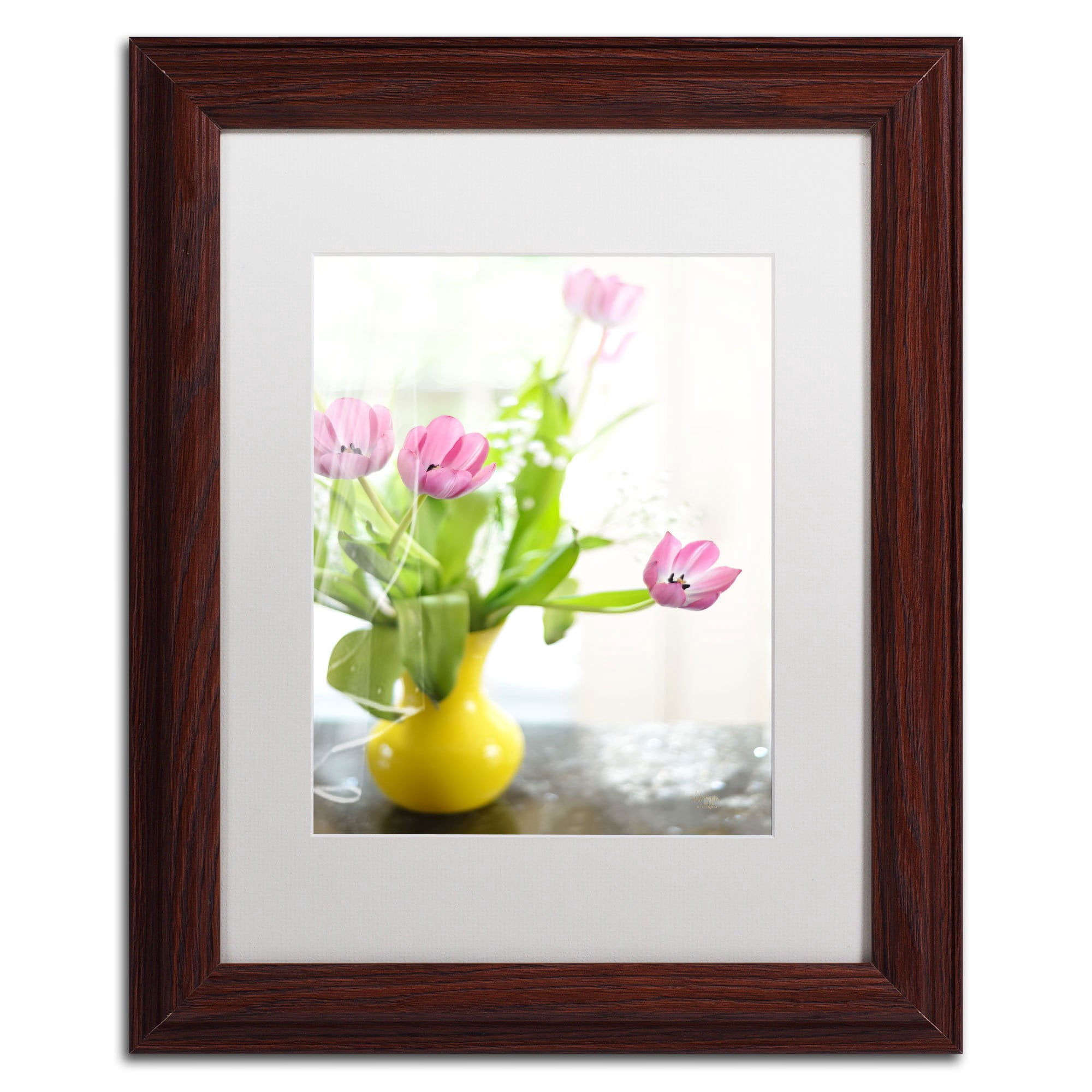 Trademark Fine Art "Pink Tulips in Yellow Vase" Canvas Art by Lois Bryan, White Mat, Wood Frame