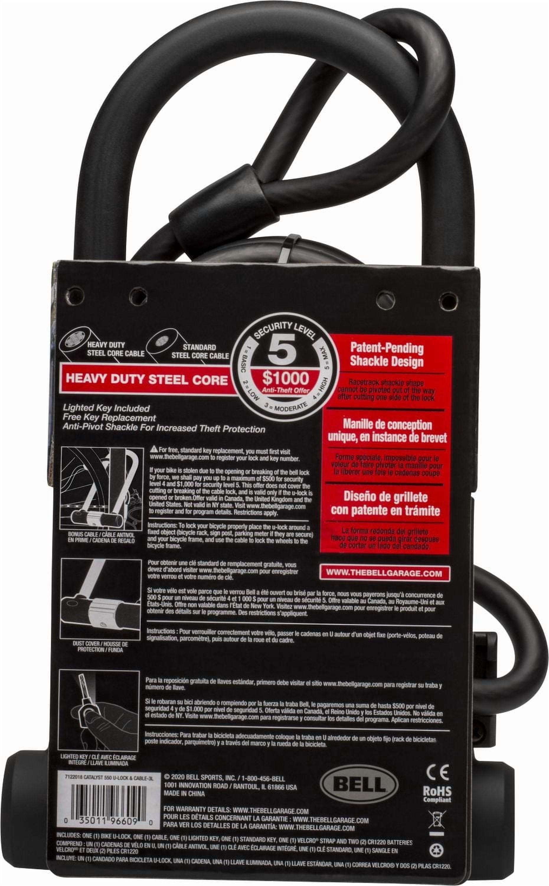 Bell Sports Catalyst 550 U-Lock with Cable, Two CR1220 batteries included