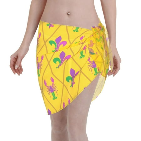 Disketp Mardi Gras Crayfish And Fleur De Lis Women Swimsuit Cover Up Short Chiffon Summer Beach Sarong Bikini Wrap Skirt Bathing Suit