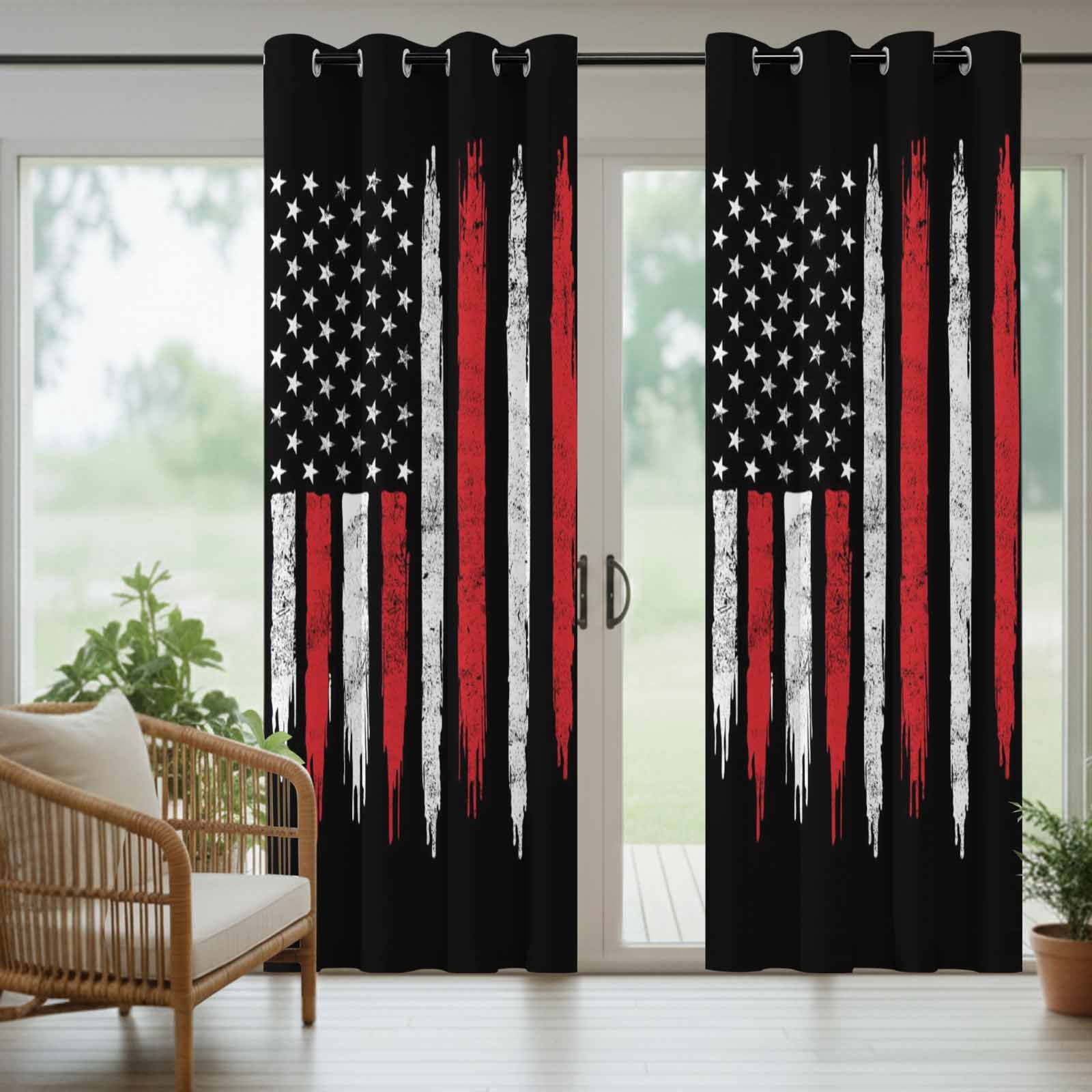 Independence Day Outdoor Curtains for Patio, USA Red White Star Stripes Black Sunshade Privacy Drapes Grommet Waterproof Outside Curtains for Porch/Cabana/Balcony 54"x 108", 1 Panel