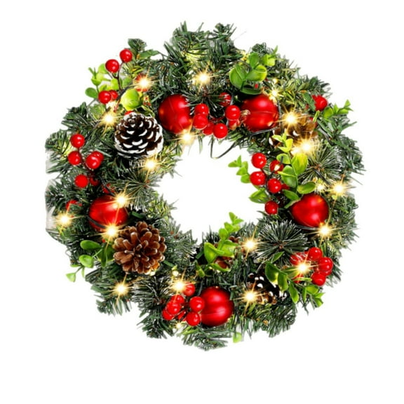 Cinvoph Pre-Lit Artificial Christmas Pines Wreath for Front Door with Lights, Exquisite Wreath with Berry Pinecone and Ball Decor for Xmas, Home, Holiday, Fireplace, Mantle,Wall, Windows, C