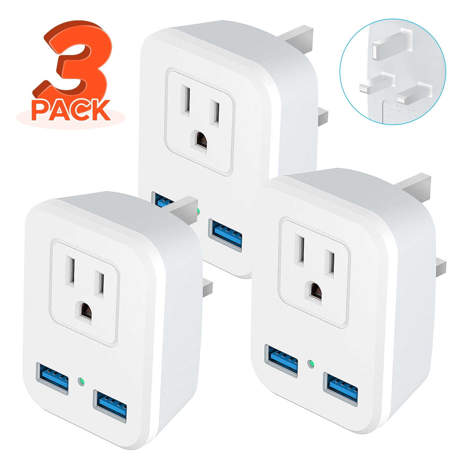 UK Power Adapter Travel Converter, AC Outlet Dual USB Port Wall Charger G) for US to British Dubai and More (3Pack) - Walmart.com