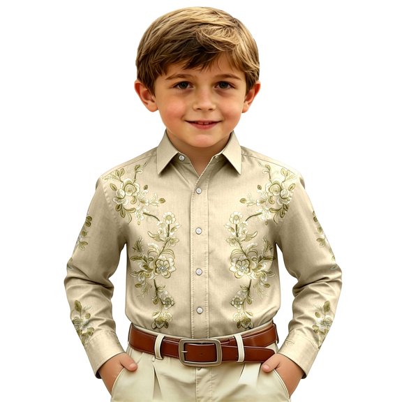 Angala Kids Shirts Long Sleeve Shirts Button Down Lapel Neck Floral Print Cowboy Style Comfortable Breathable Dailywear Boys Tops Size 4-5 Years Beige