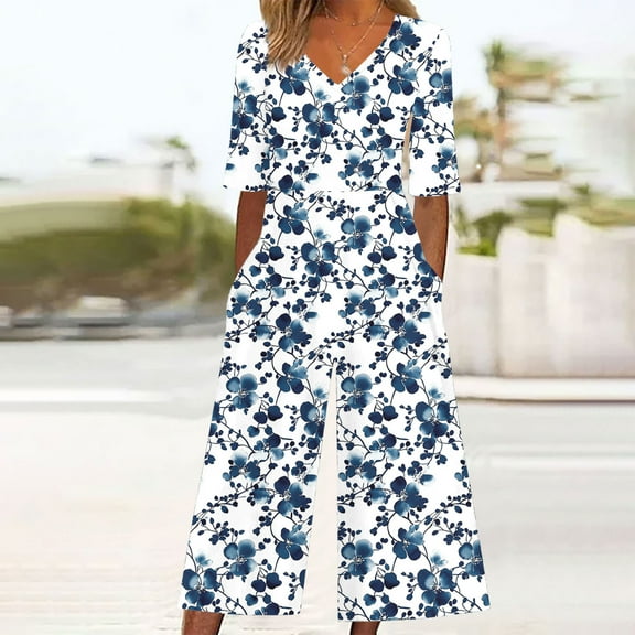 AGWOLF Womens Floral Boho Jumpsuit Dressy V Neck Short Sleeve Rompers Summer Wide Leg One Piece Hawaii Beach Romper