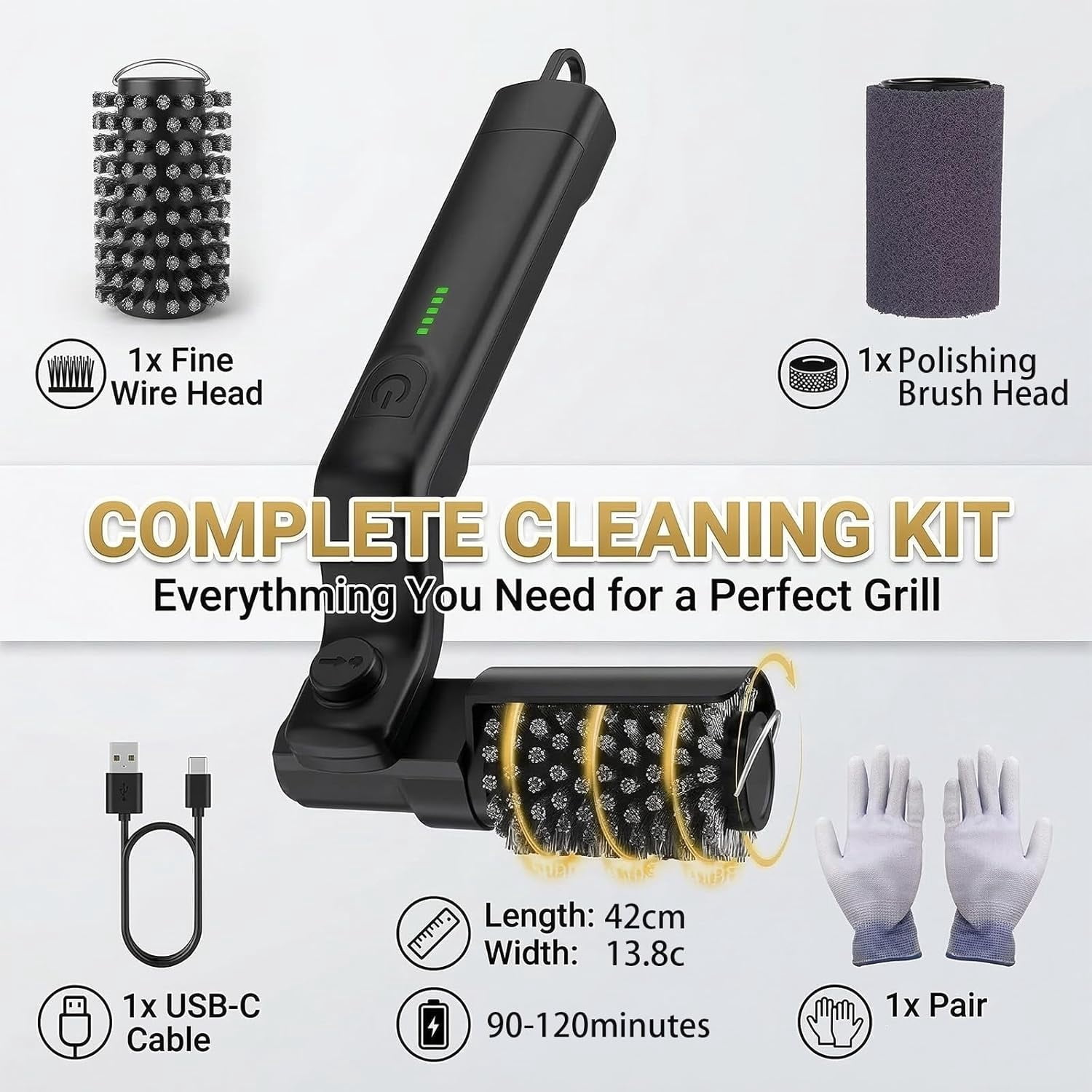 Electric Grill Cleaner for Outdoor Grill, Power Grill Brush Motorized Grill Brush with 7-Angle Adjustable Head, 3-Speed Control, Rechargeable, 304 Stainless Steel, Heat-Resistant