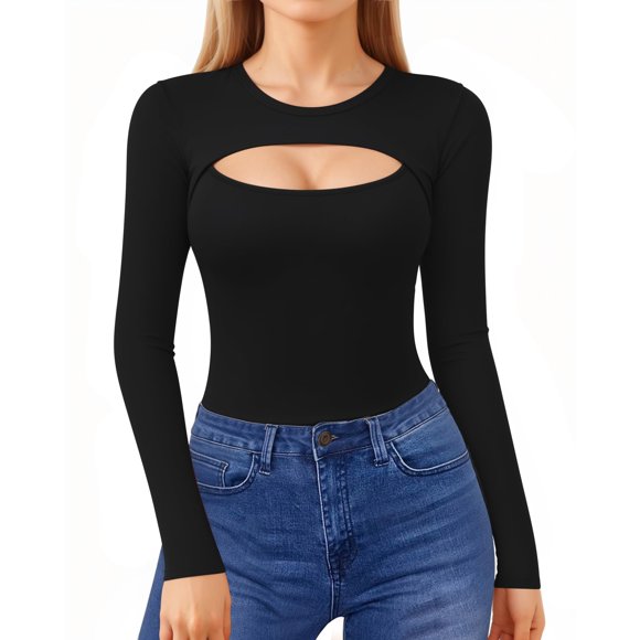 ALGALAROUND Women's Cutout Tops Basic Long Sleeve Round Neck Slim Fit T-Shirts