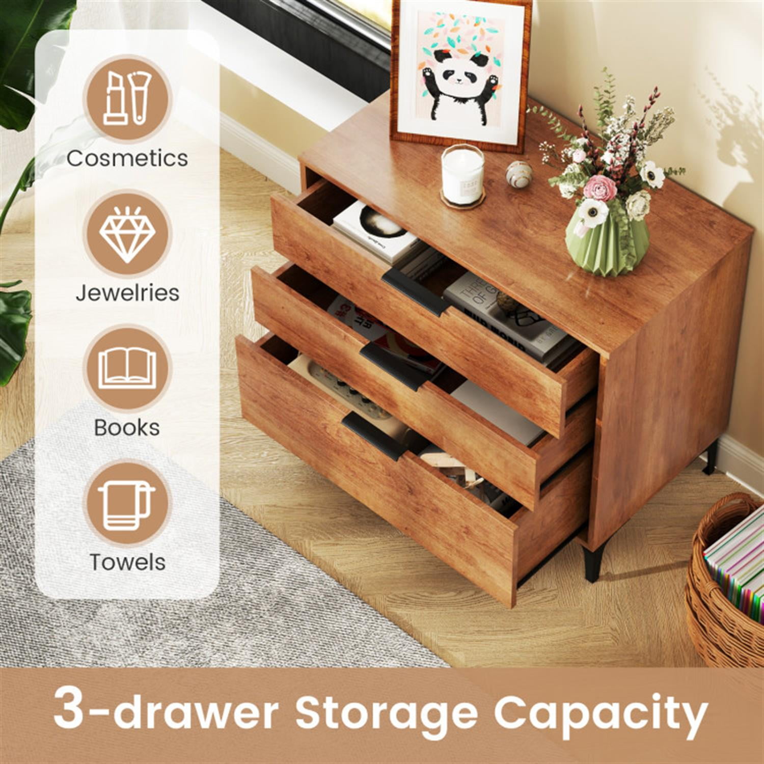 Demi Bonn 3-Drawer Dresser withterlock System, Modern Multipurpose Chest Furniture for Bedroom, Hallway, Entryway, Brown