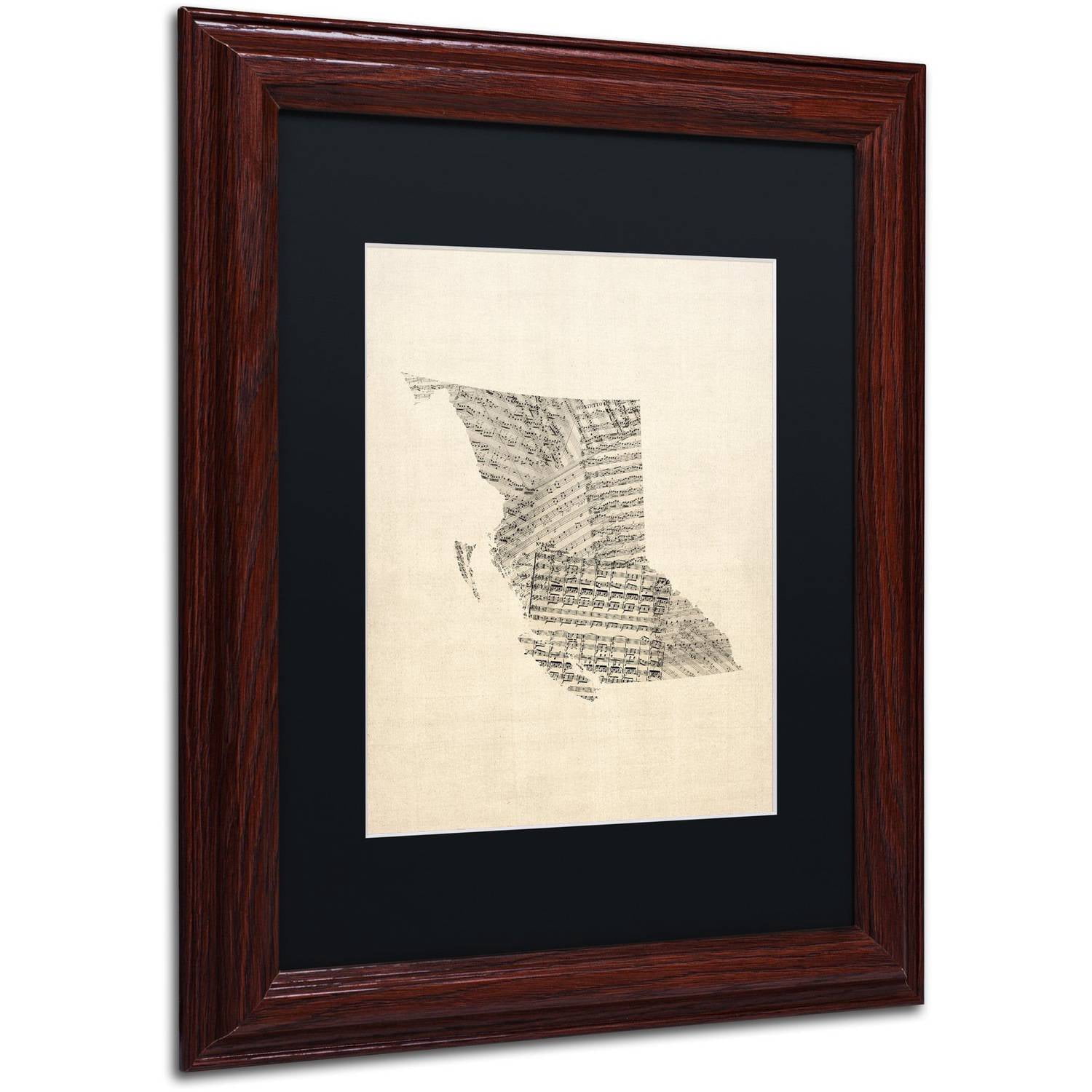 Trademark Fine Art "Sheet Music Map British Columbia" Canvas Art by Michael Tompsett Black Matte, Wood Frame