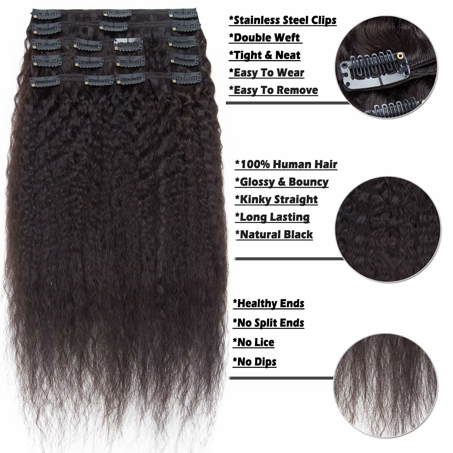 Benehair Clip In Human Hair Extensions Afro kinky Straight Double Weft Black Brazilian Virgin Remy Hair Thick Full Head