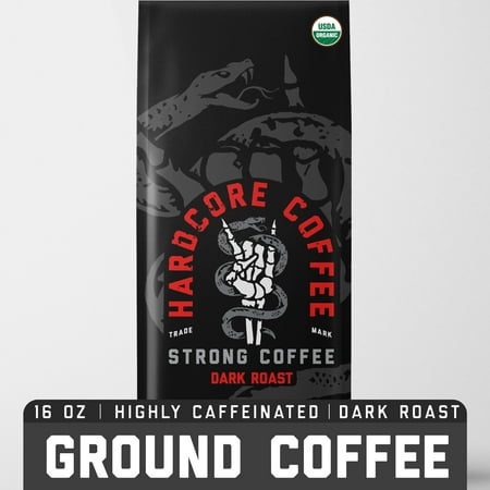 Hardcore Organic Coffee  Highly Caffeinated  Ground Coffee  Strong Dark Roast  1Lb (16oz)