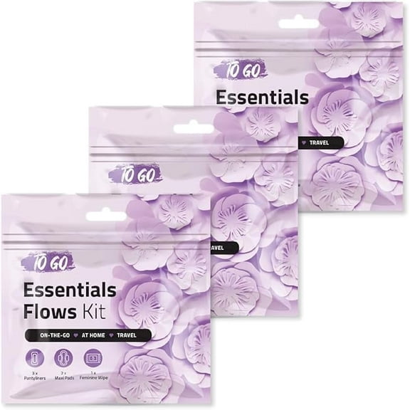 Essential Flows Kit with 3 Pantiliners, 2 Maxi Pads & 1 Feminine Wipe – Light Daily Period Care for Women & Girls – Travel Hygiene Pack (Purple) (3)
