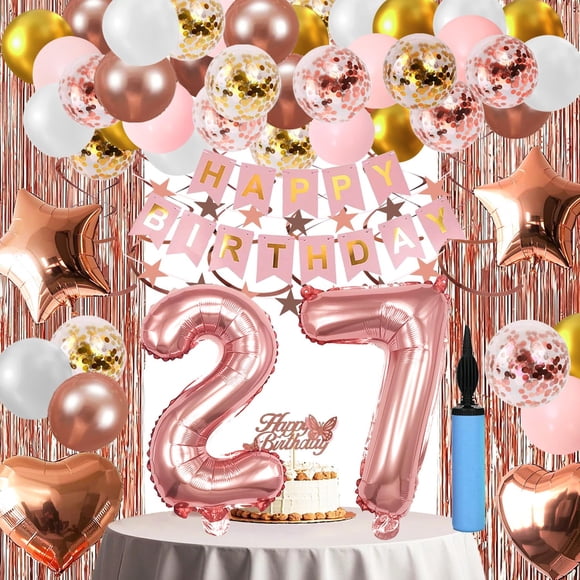 Sweet 27th Birthday Decorations For Women, Age 1-99 Happy Birthday Banners Party Decor Balloon Foil Fringe Curtains Heart Star Confetti Balloons, Rose Gold Party Supplies for Girls Women Her