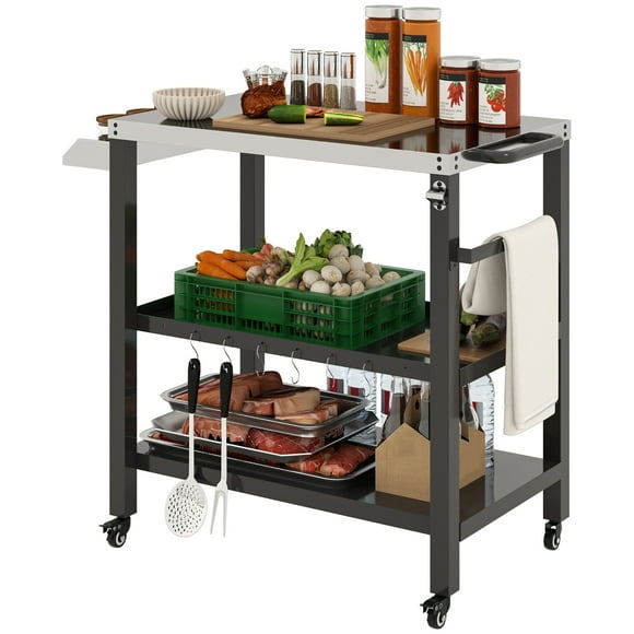 Outsunny Outdoor Kitchen Prep Table, Three-Shelf Rolling Pizza Oven Stand
