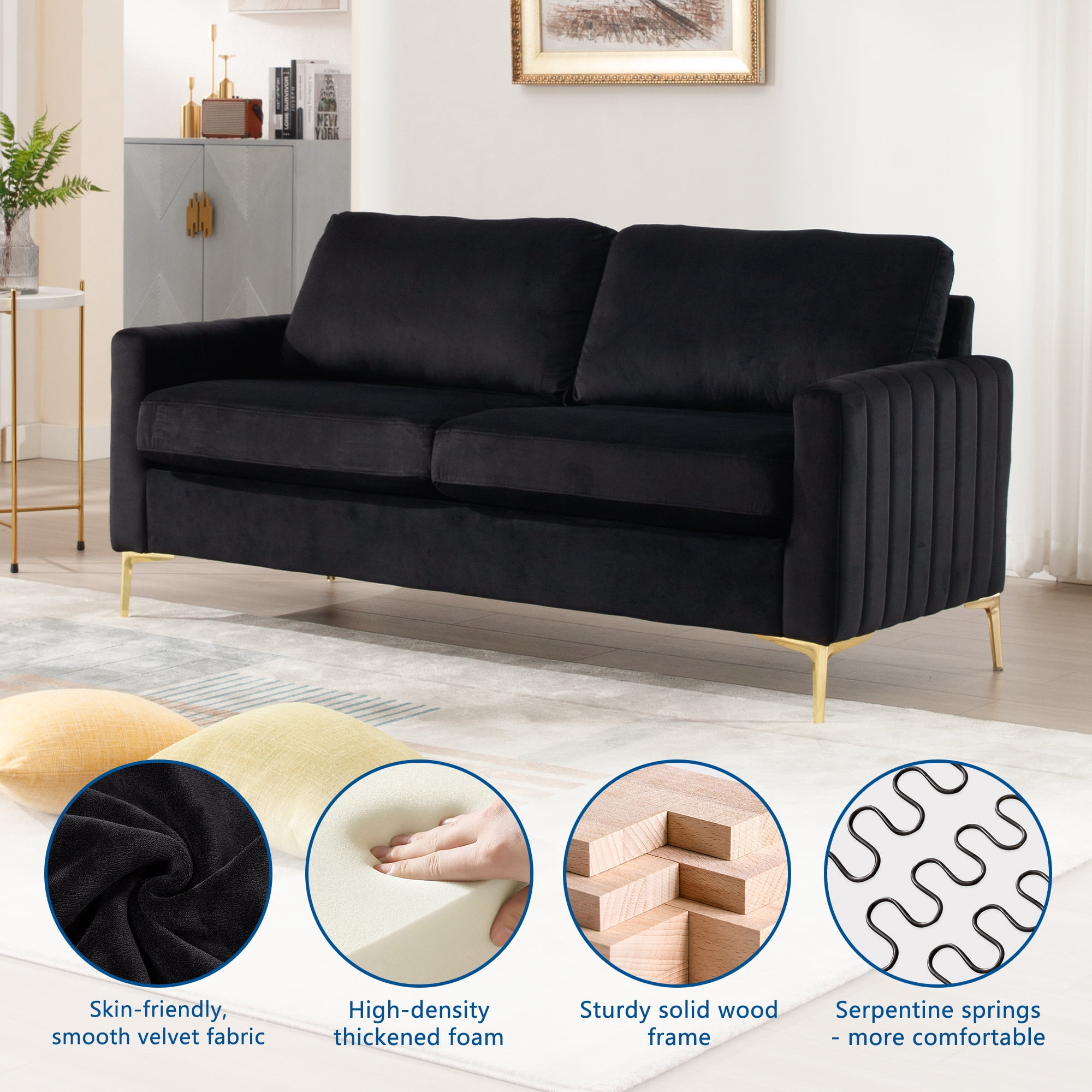 Lunale 65" Loveseat Sofa, Deep Seat Cloud Couch, Modern Velvet Living Room Sofa, Black