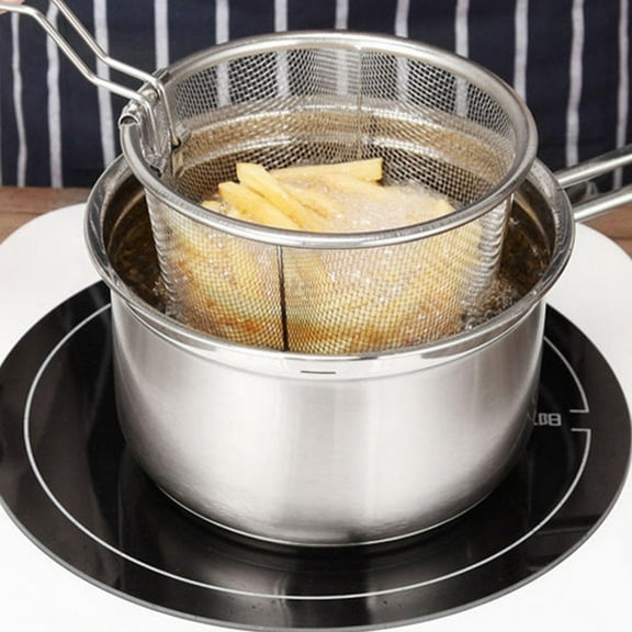 Folding Stainless Steel Fry Basket with Handle 12.4 Inch Deep Frying Basket for French Fries, Snacks, and Food Straining