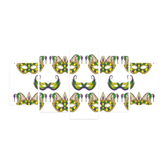 Mardi Gras 5 Panels Acrylic Glass Wall Art, Pattern withs Traditional Carnival Celebration Costume, Accent for Living Room, Bedroom, Dorm, 60" x 30", Purple Green Yellow, by Ambesonne