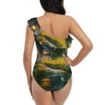 thumbnail image 5 of Sikiie Cozy Cottage Lakeside Sunset Print Women One Piece Swimsuits Tummy Control One Shoulder Bathing Suits Ruffle Swimwear, From S to XXL-, 5 of 6