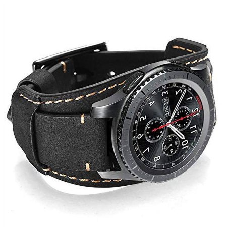 Coobes Compatible with Samsung Galaxy Watch 46mm/Gear S3 Frontier/Classic Bands, 22mm Genuine Leather Cuff Bracelet Replacement Strap with Stainless Steel Buckle for Men Women (Black)