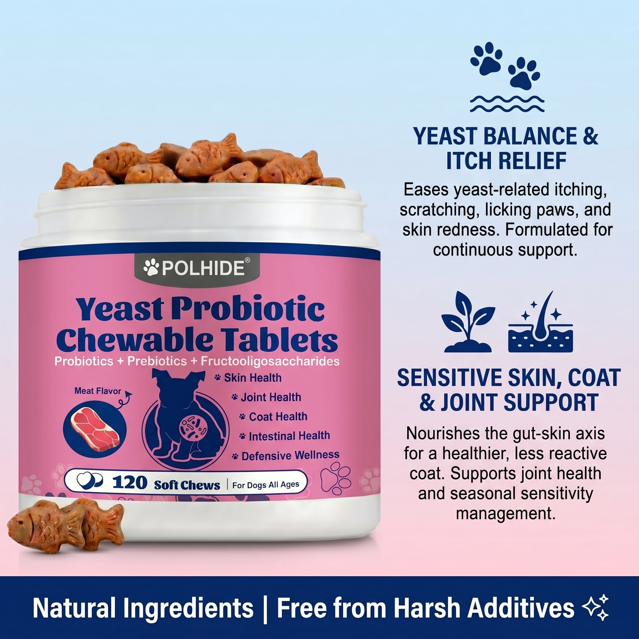 POLHIDE Yeast Probiotic Chews for Dogs, Itch Relief Sensitive Skin and Gut Health Support, 3 Billion CFU, Meat Flavor, 120 Count