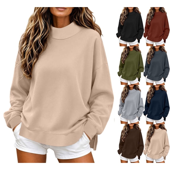XRoczxe Women Mock Neck Long Sleeve Sweatshirt Solid Loose Side Split Pullover Casual Fleece Crewneck Top Relaxed Daily Basic Sweat Tops Multiple Neutral Solid Colors Beige