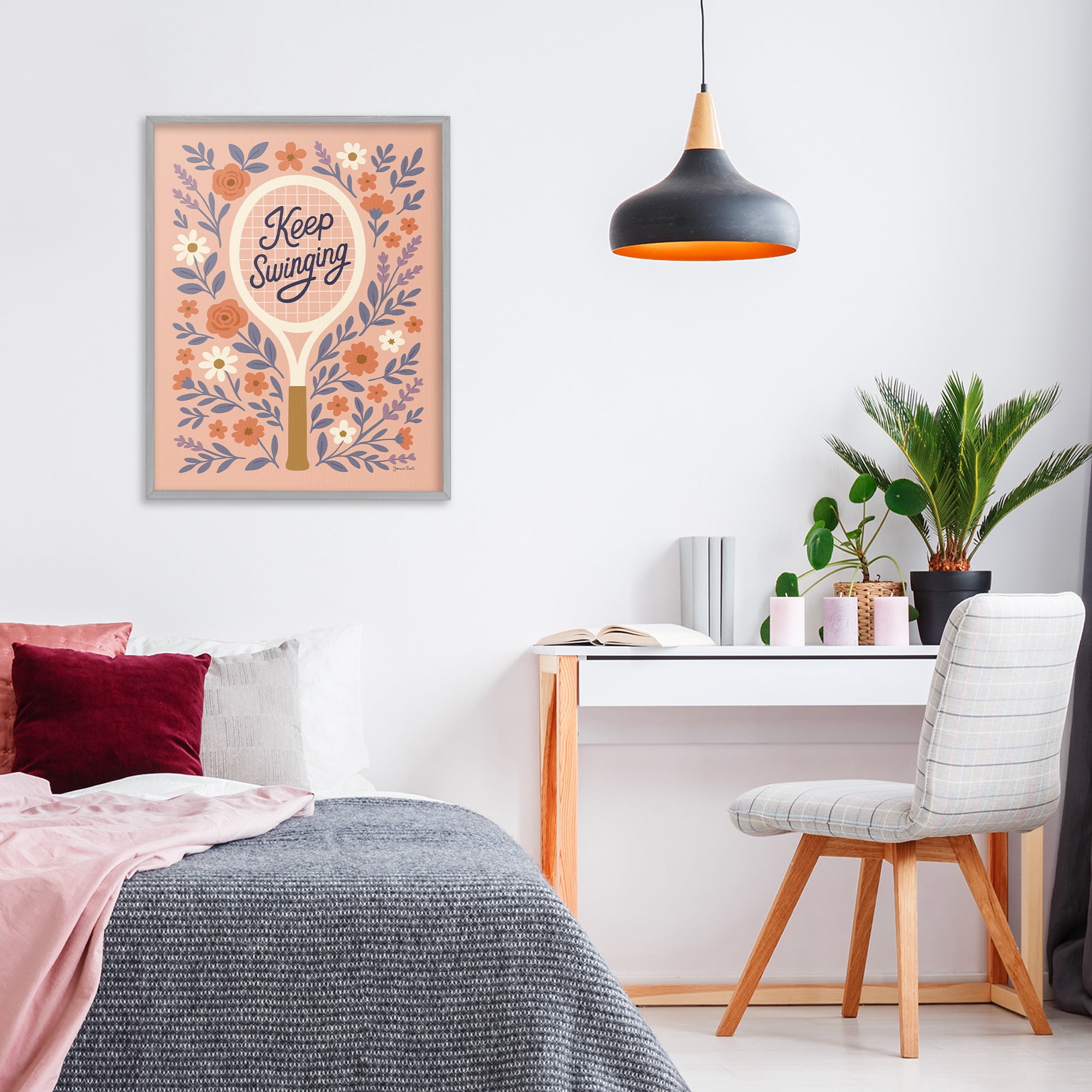 Stupell Industries Keep Swinging Floral Tennis Gray Framed Giclee Art, design by Jessica Beck