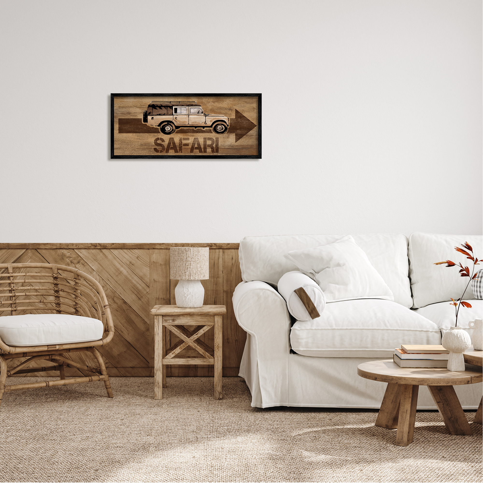 Stupell Industries Safari with Right Facing Arrow Transportation Painting Black Framed Art Print Wall Art, 30 x 13