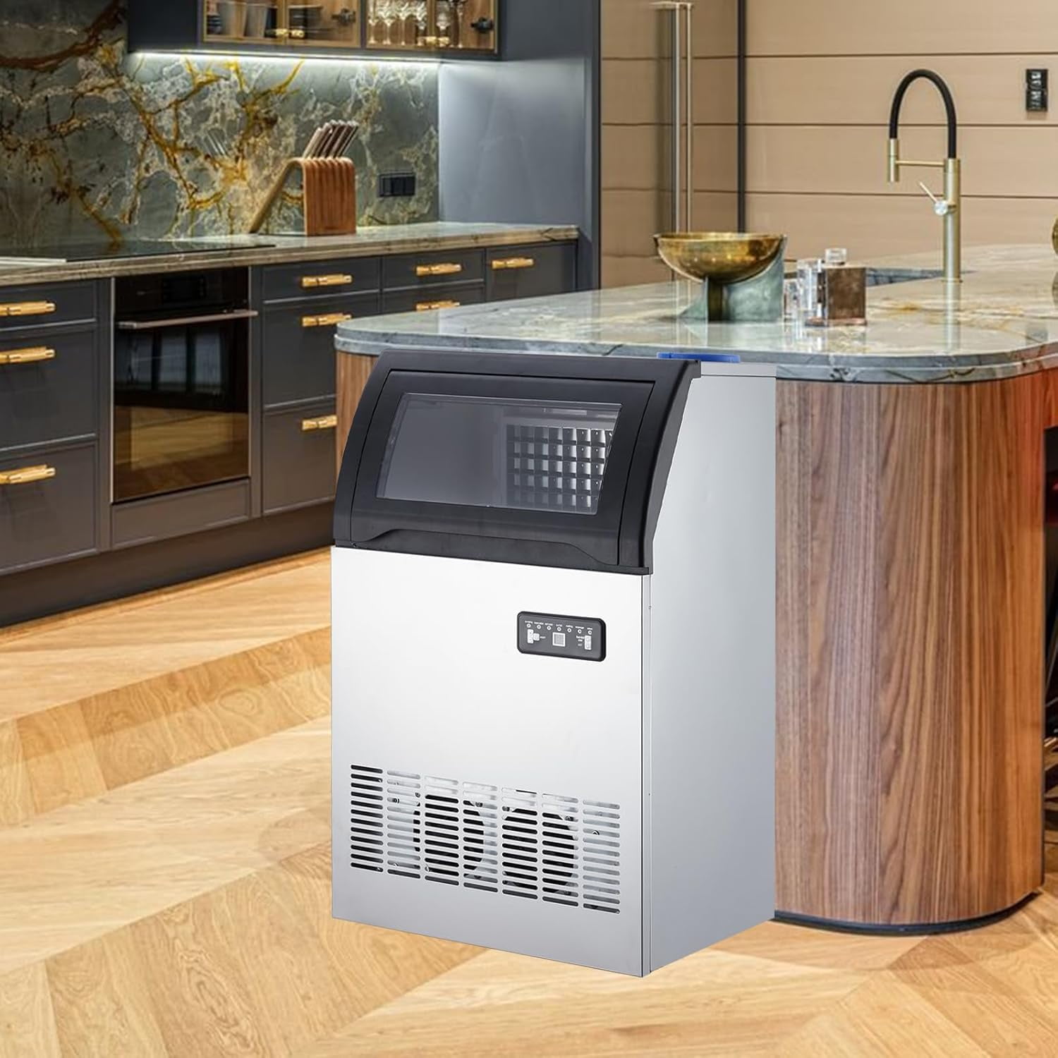 Commercial Ice Maker 100 Lbs/24H, Stainless Steel Freestanding Under Counter Ice Machine with 33 Lbs Ice Storage, 2 Water Inlet Modes, for Bar Home Office Restaurant RV