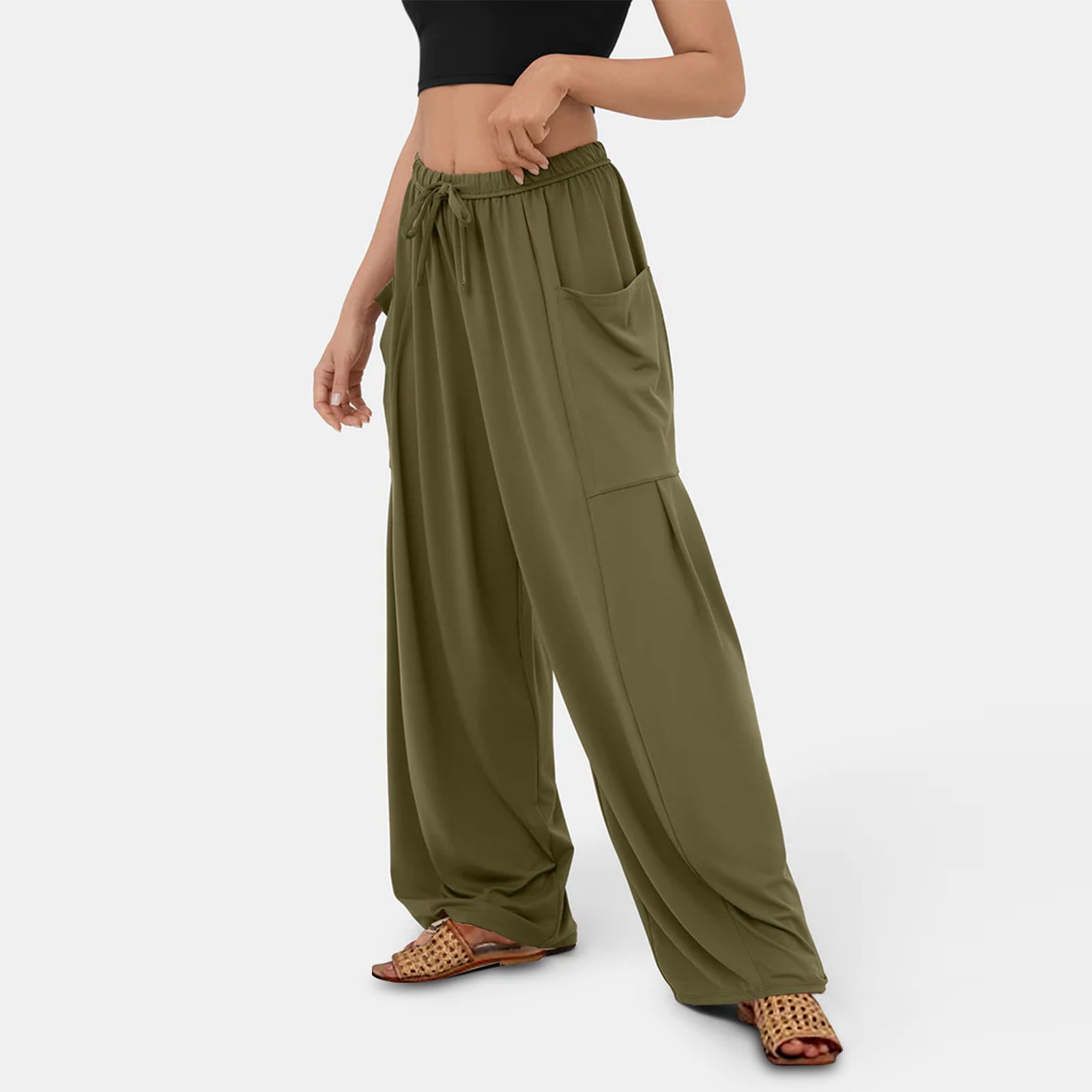 KIHOUT Women's Casual Elastic Waist Drawstring Solid Long Pants With Pocket  
