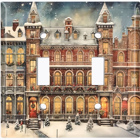 Metal Light Switch Wall Plate Outlet Cover (Printed Image of Snowy Townhouses - Double Toggle)