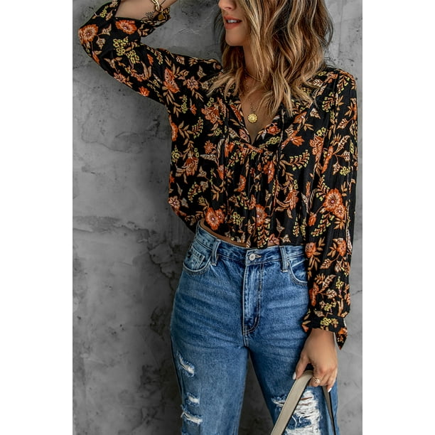 Women's Floral Print Pleated Long Sleeve Blouse