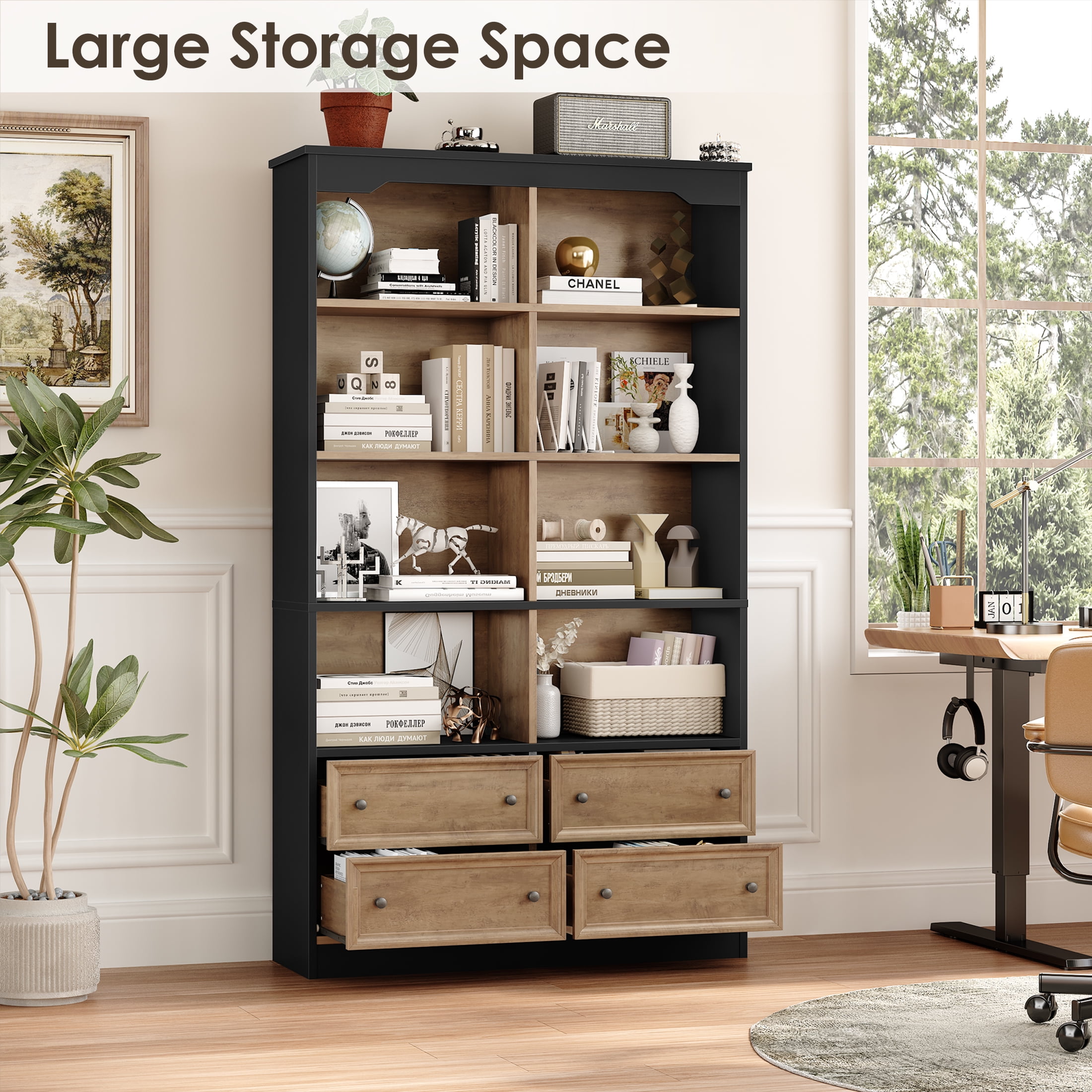 Homfa Double Row 6 Tier Bookcases, 71 in Tall Bookcase Bookshelf with 4 Drawers and 8 Display Cubicles, for Home Office Living Room, Black& Oak