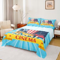 Manfei Teens Cinema Trictet Twin Sheet Sets, Filmstrip Movie Night Twin Fitted Sheet, Retro Theater Popcorn Flat Sheet, Luxury Bedroom Decor, 3 Pieces